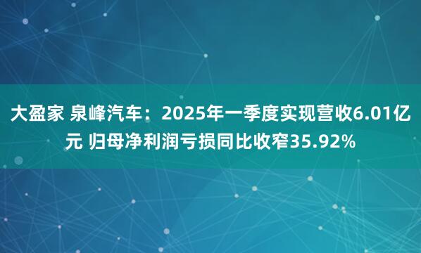 大盈家 泉峰汽车：2025年一季度实现营收6.01亿元 归母净利润亏损同比收窄35.92%